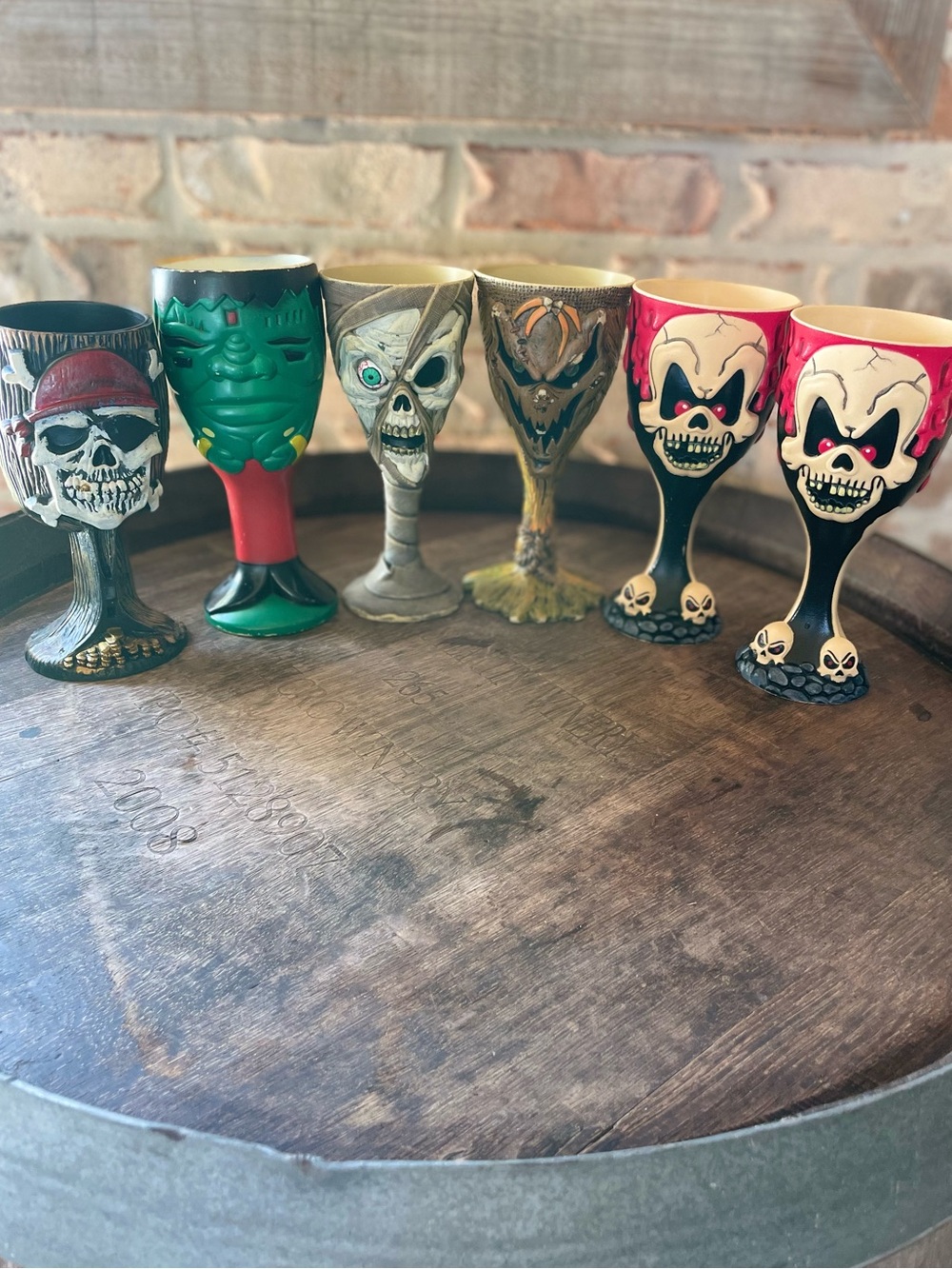 Vintage Halloween 6 Goblet Set Clown Skull Mummy Frankenstein Scarecrow Pirate